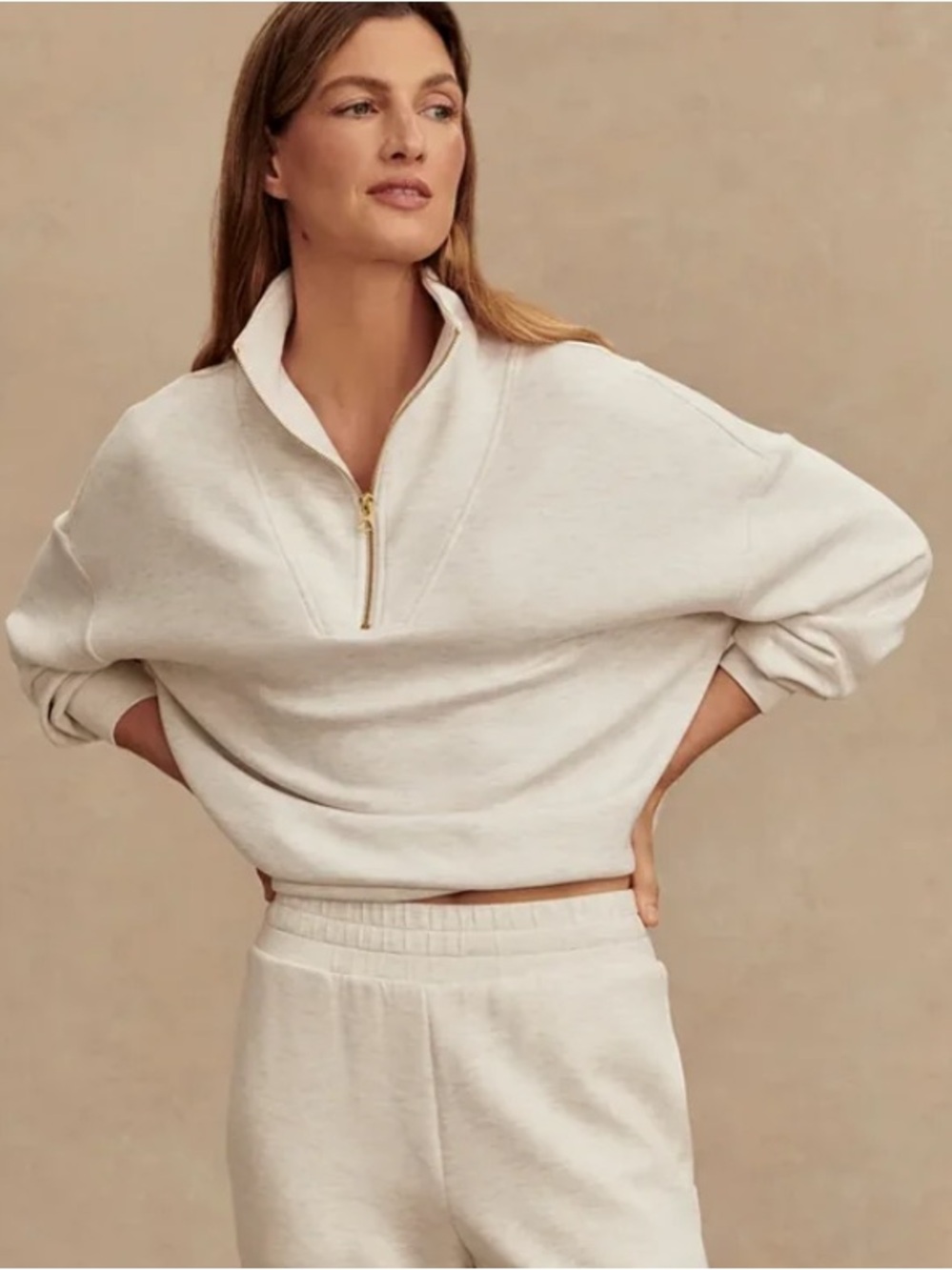 Varley Hawley Half Zip Sweat in Ivory Marl, made in DoubleSoft